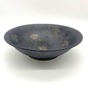 Vtg Hand Made Floral Japanese Black Sakura Ceramic Noodle Bowl Cherry Blossom